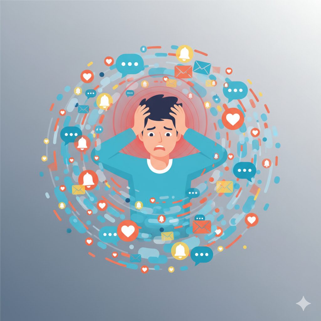 Ilustração de pessoa sobrecarregada com múltiplas notificações digitais demonstrando necessidade de mindfulness
```