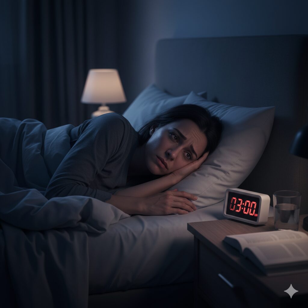 "Pessoa com insônia olhando o relógio de madrugada sem conseguir dormir"