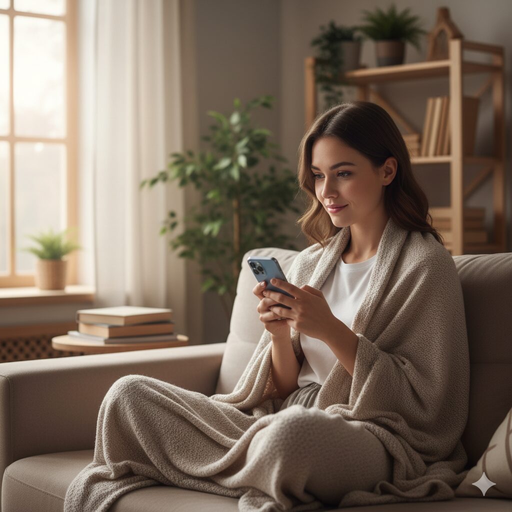 Mulher pensativa olhando smartphone refletindo sobre influência das redes sociais na autoestima