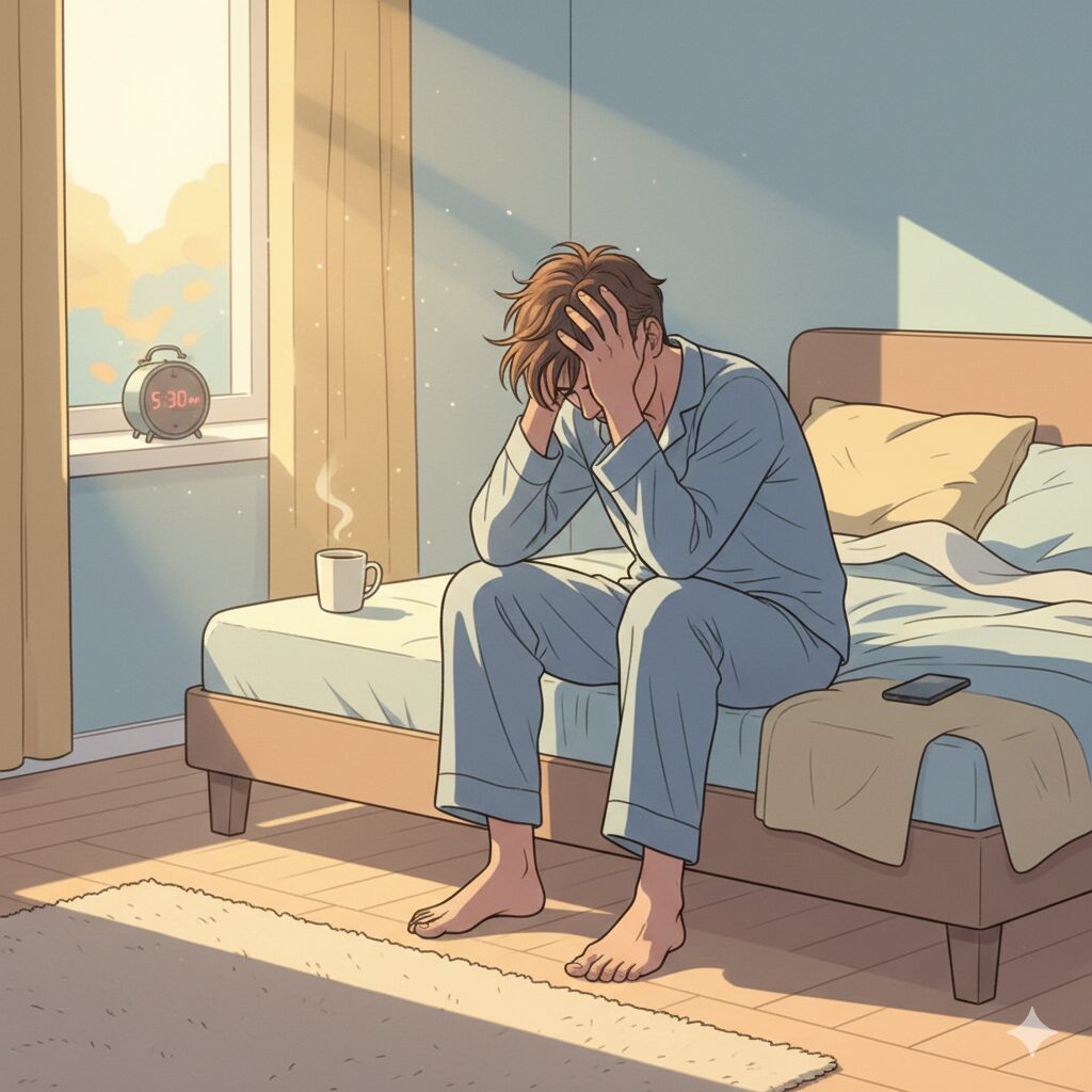 "Pessoa cansada e irritada sentada na cama pela manhã ilustrando como a falta de sono afeta o humor"