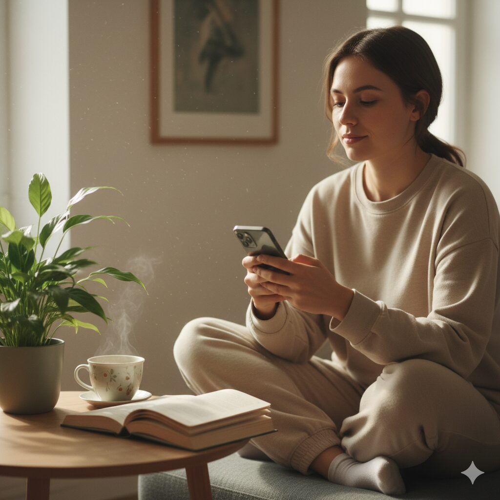 essoa praticando mindfulness digital segurando celular conscientemente em ambiente tranquilo