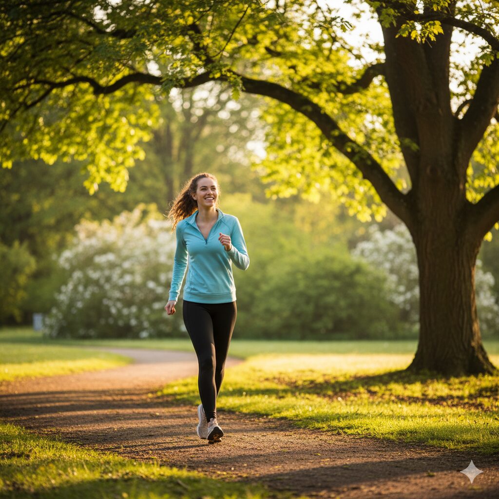 "Pessoa praticando caminhada matinal ao ar livre para combater sonolência diurna"