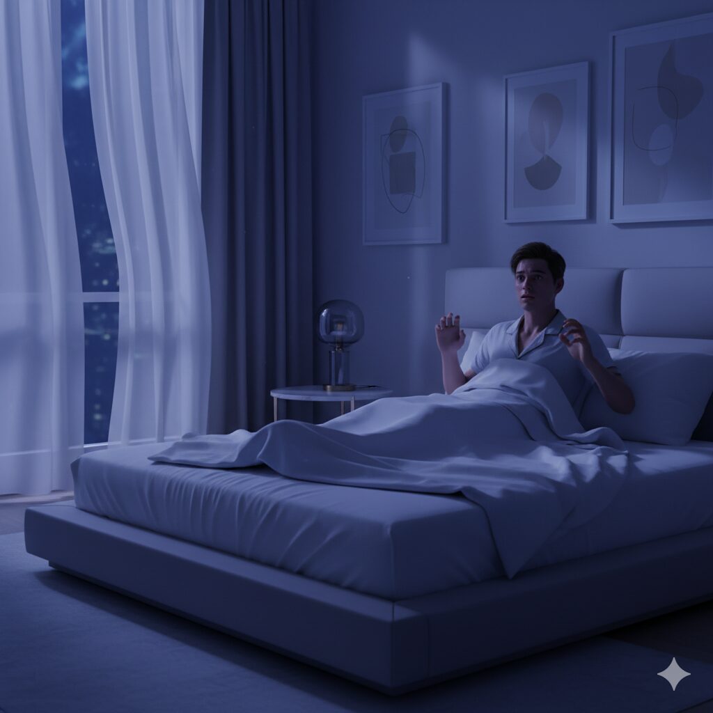 "Pessoa deitada na cama durante episódio de paralisia do sono com expressão de medo e incapacidade de movimento"