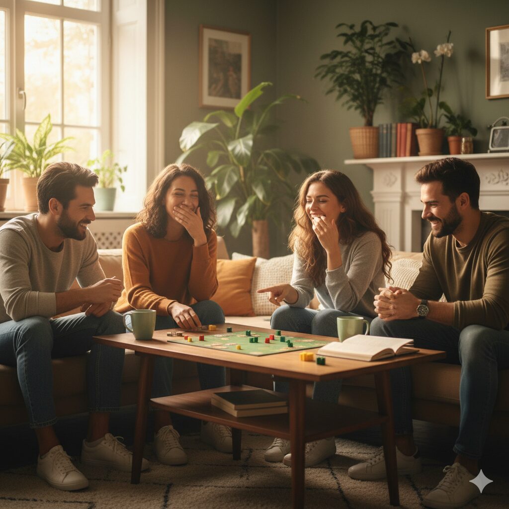 Família conectada em atividade sem tecnologia praticando relacionamentos reais e mindfulness digital
```