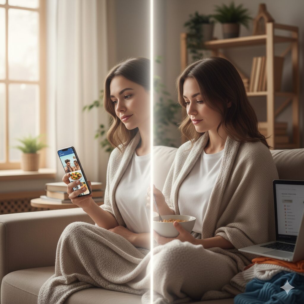 Comparação entre vida real e redes sociais mostrando expectativa versus realidade e impacto na autoestima