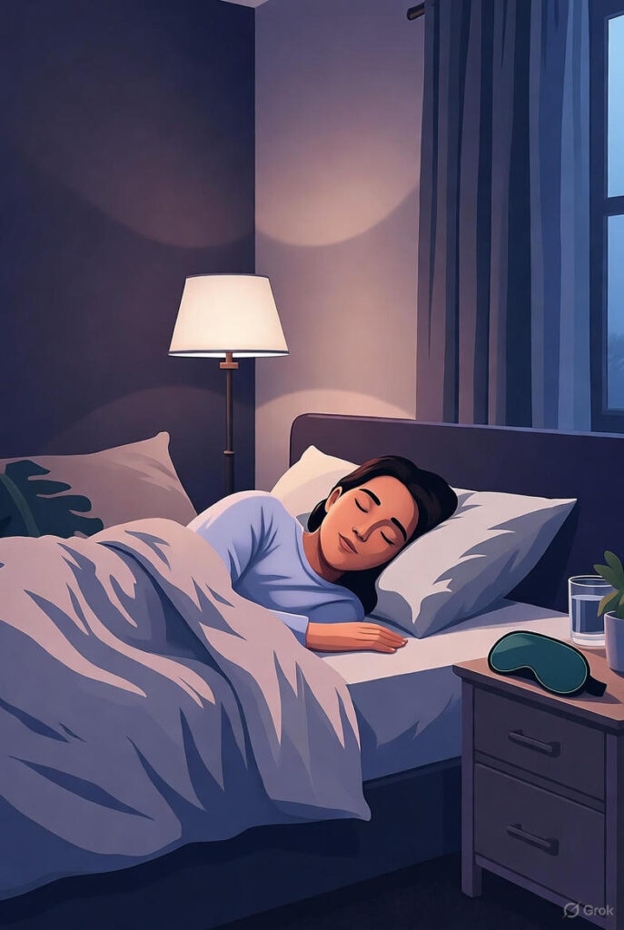 "Pessoa dormindo tranquilamente em quarto escuro e organizado, ilustrando ambiente ideal para sono reparador e melhora do humor"