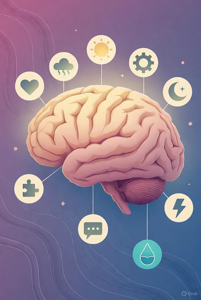 "Ilustração educativa do cérebro humano com ícones de emoções mostrando como o sono afeta o equilíbrio emocional e o humor"
