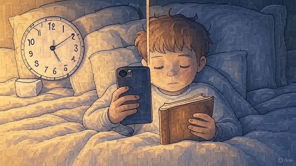 `Comparação entre uso de celular com luz azul e leitura com luz adequada antes de dormir`